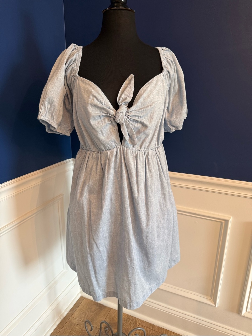 Lost + Wander Light Blue Tie-Front Puff Sleeve Mini Dress